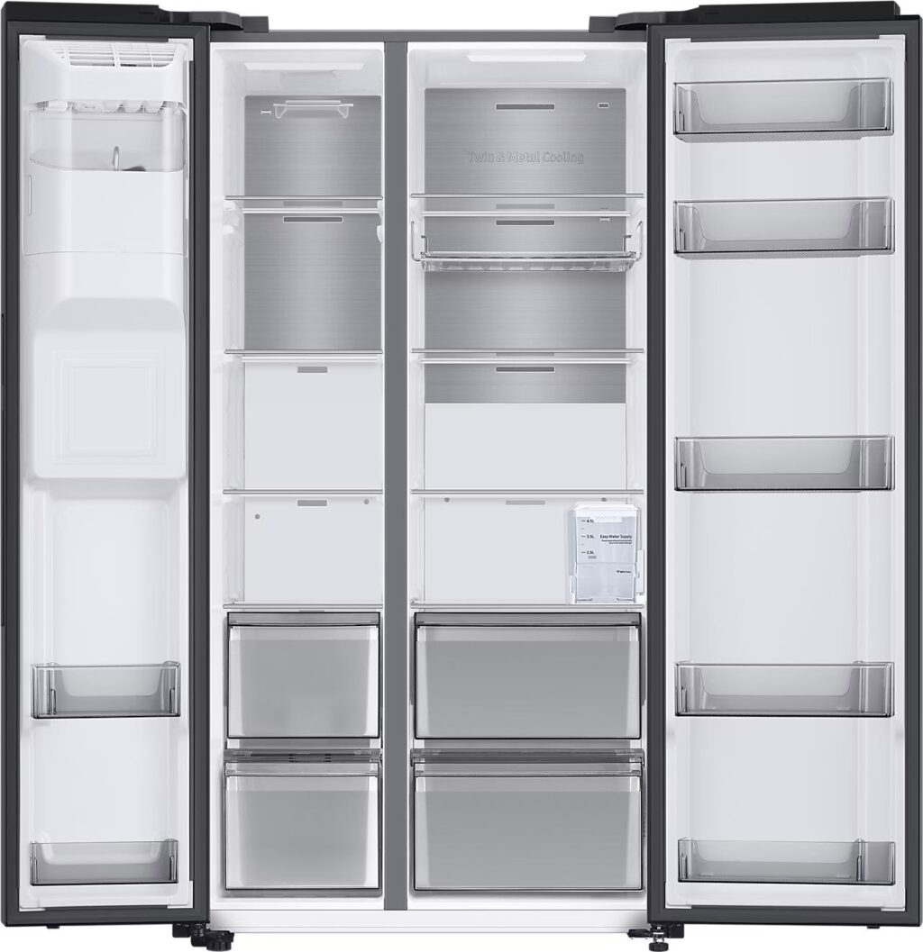 Réfrigérateur Américain Samsung , 178 cm, 635 L, mode Énergie IA, distributeur d'eau et de glaçons, No Frost+, acier noir haut de gamme, RS6GA854CB1/EG – Image 12