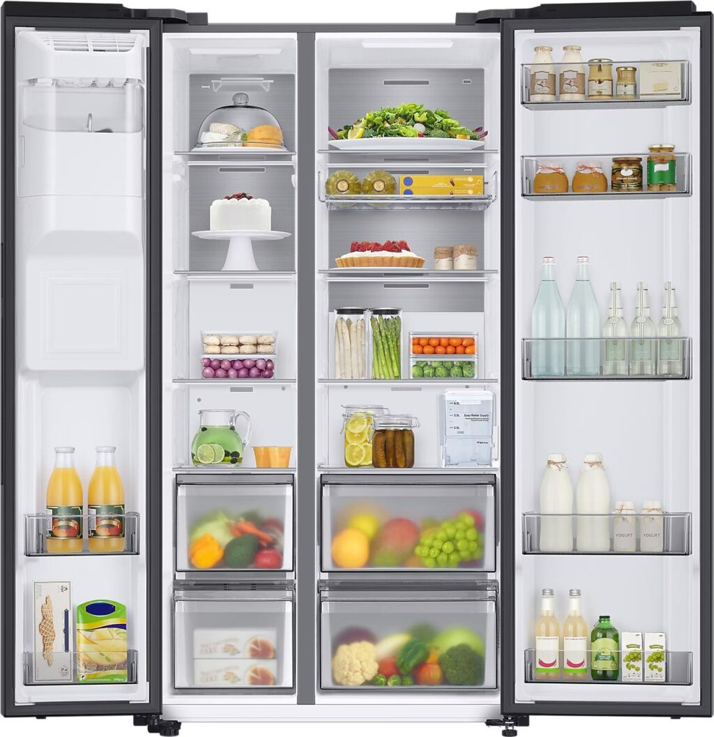 Réfrigérateur Américain Samsung , 178 cm, 635 L, mode Énergie IA, distributeur d'eau et de glaçons, No Frost+, acier noir haut de gamme, RS6GA854CB1/EG – Image 4