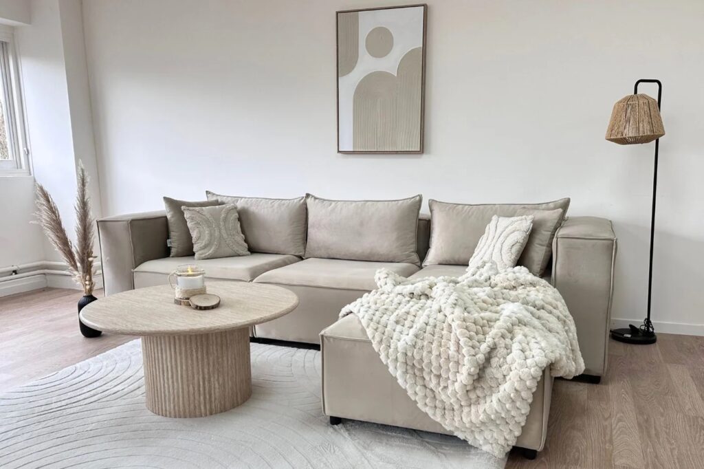 Canapé Elégance Beige Velours Modulable 3+1 Pouf