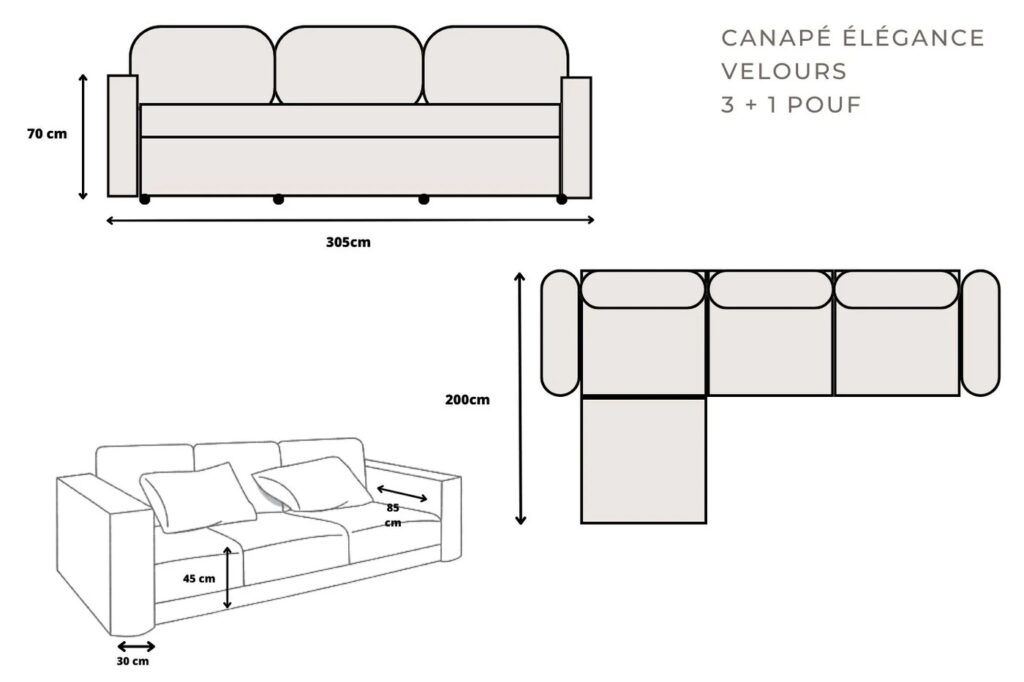 Canapé Elégance Beige Velours Modulable 3+1 Pouf – Image 2