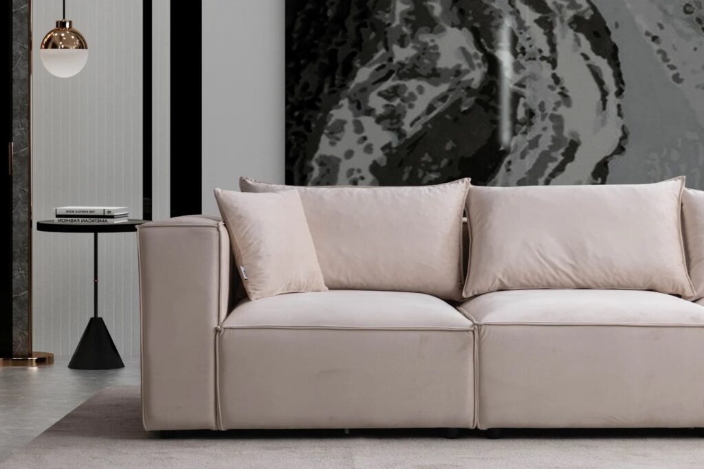 Canapé Elégance Beige Velours Modulable 3+1 Pouf – Image 3
