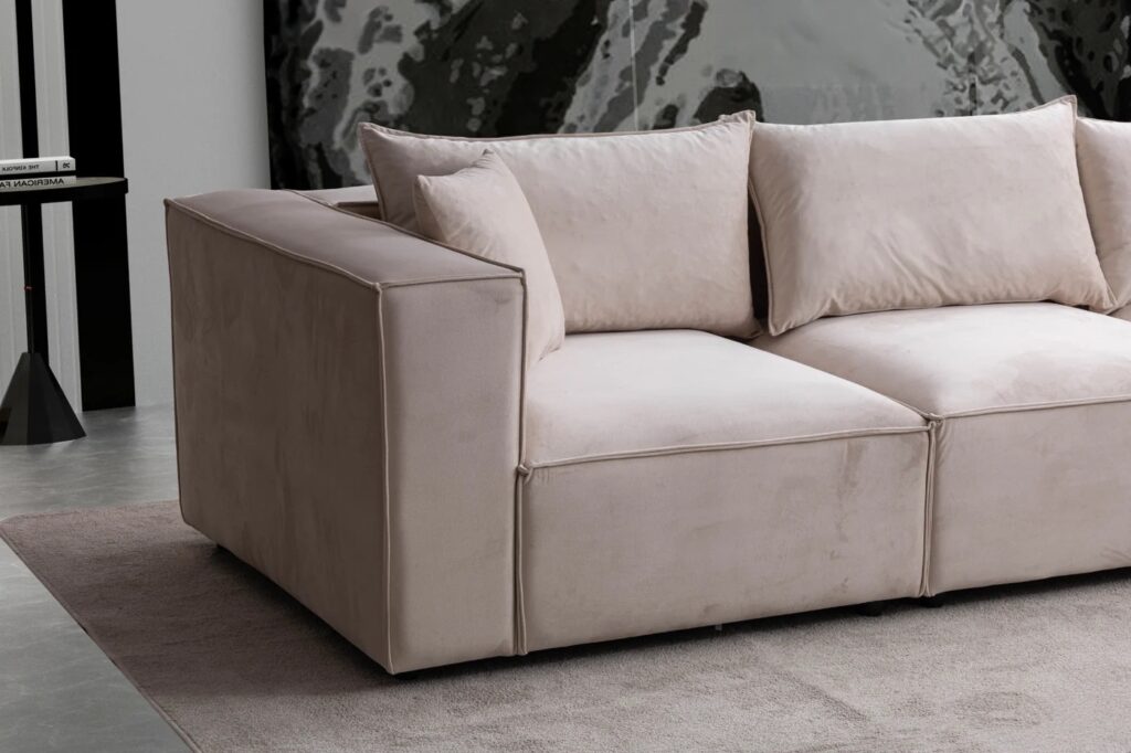 Canapé Elégance Beige Velours Modulable 3+1 Pouf – Image 4