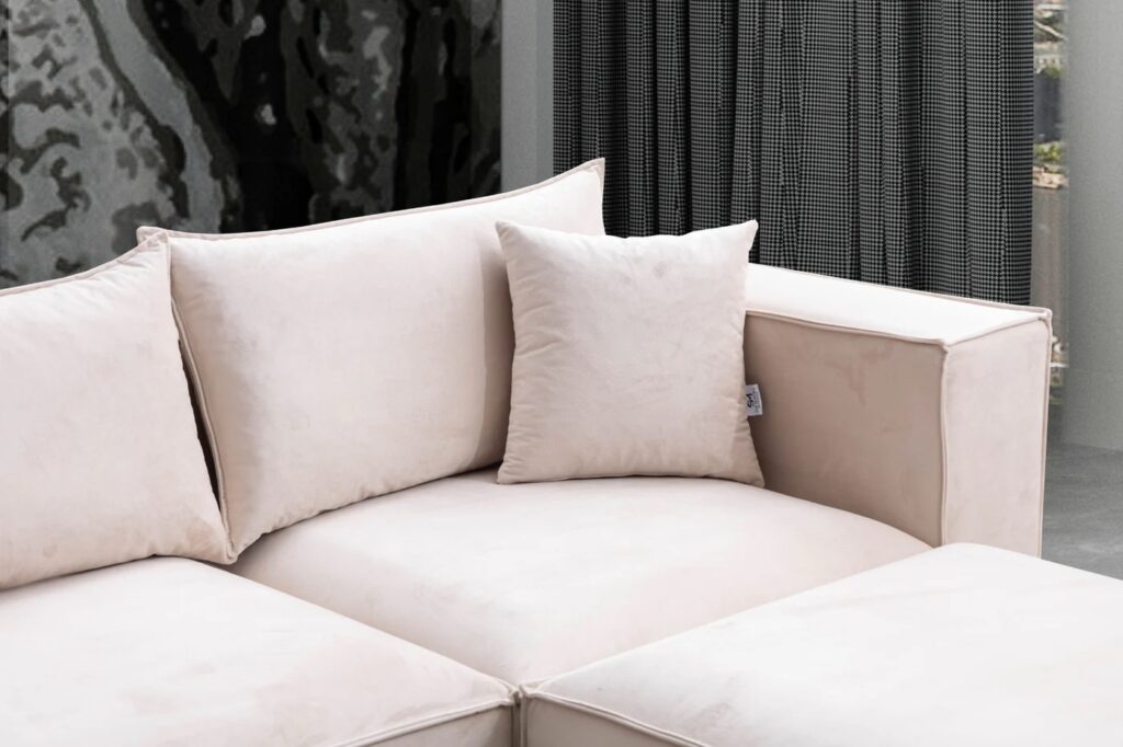 Canapé Elégance Beige Velours Modulable 3+1 Pouf – Image 6