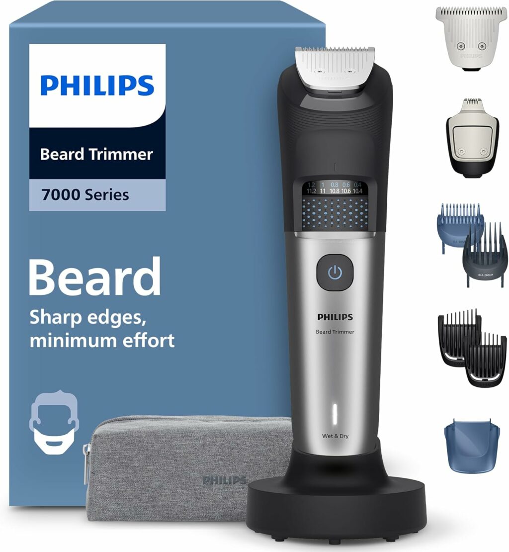 Philips Tondeuse à barbe série 7000 - Lames en métal auto-affûtées, 40 hauteurs de coupe réglables, Technologie BeardSense, Collecte des poils, 100% étanche, Tondeuse large, Modèle BT7670/15